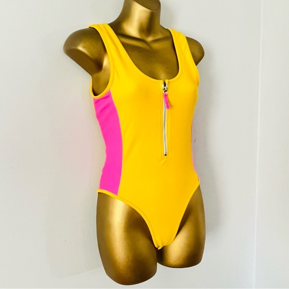 Lovers + Friends One Piece Swimsuit XS | Sporty Colorblock Zip Front Yellow Pink - Picture 4 of 6